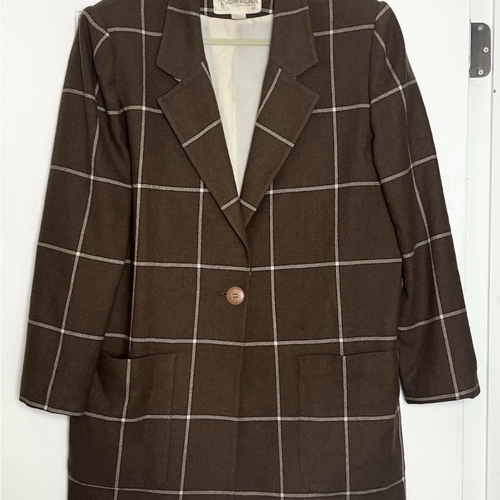 VTG 80s John Meyer Wool Blend Windowpane Plaid Blazer Jacket Size 14 Brown White